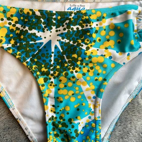 LA VIE EN ROSE💫Women’s Aqua/Yellow Printed Bikini Bottoms with Ring - Picture 4 of 11